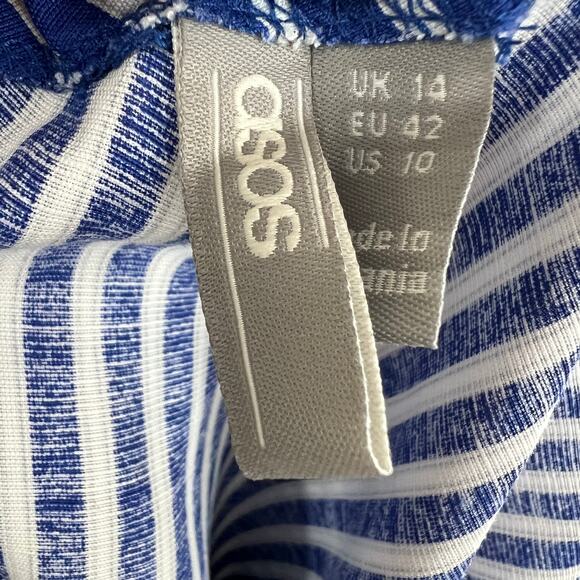 ASOS Blue White Striped Square Neck Spaghetti Strap Cinched Shift Dress Sz 10 M - Picture 8 of 8